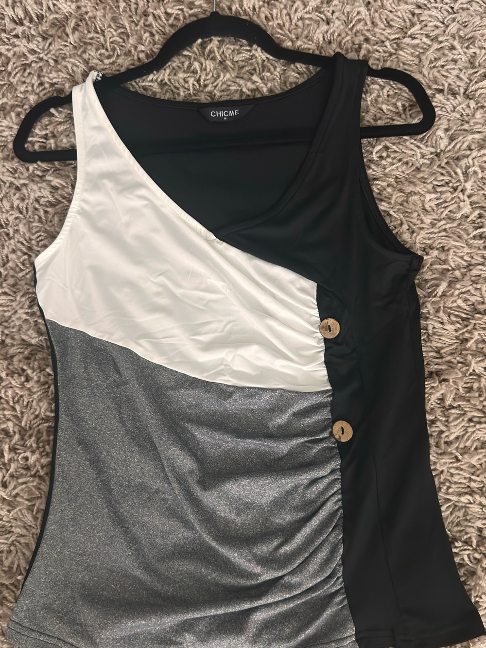 ChicMe Black, White & Silver Colorblock Asymmetrical Tank